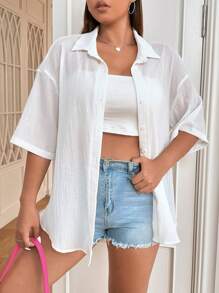 SHEIN EZwear 大碼落肩袖前紐扣襯衫