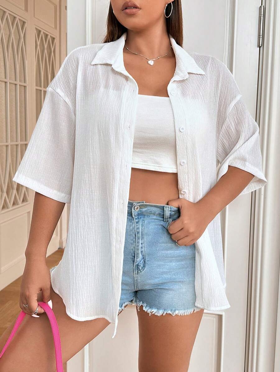 SHEIN EZwear 大碼落肩袖前紐扣襯衫