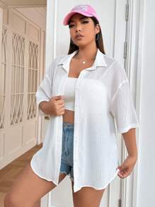 SHEIN EZwear 大碼落肩袖前紐扣襯衫