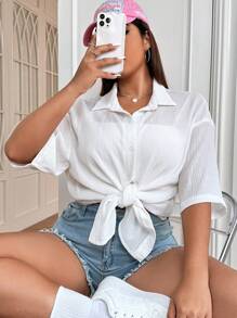 SHEIN EZwear 大碼落肩袖前紐扣襯衫