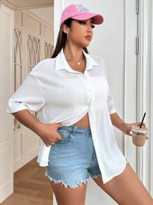 SHEIN EZwear 大碼落肩袖前紐扣襯衫