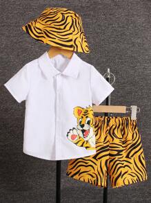 SHEIN Bộ thời trang bé trai Nút phía trước Hoạt hình Sọc ngựa vằn Giải trí - Nhiều màu - Xem 1