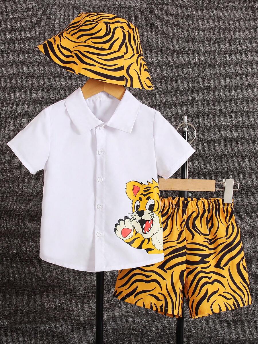 SHEIN Bộ thời trang bé trai Nút phía trước Hoạt hình Sọc ngựa vằn Giải trí - Nhiều màu - Xem 1