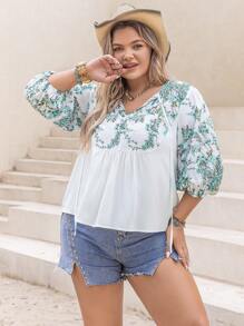 Rusttydustty Plus Floral Print Tie Neck Lantern Sleeve Blouse - White - View 1