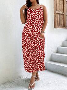Calvaya Plus Allover Floral Print Cami Dress - Red - View 1