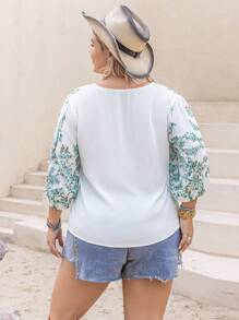 Rusttydustty Plus Floral Print Tie Neck Lantern Sleeve Blouse - White - View 2