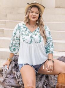 Rusttydustty Plus Floral Print Tie Neck Lantern Sleeve Blouse - White - View 3