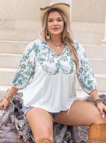 Rusttydustty Plus Floral Print Tie Neck Lantern Sleeve Blouse - White - View 4