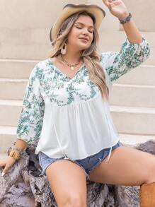 Rusttydustty Plus Floral Print Tie Neck Lantern Sleeve Blouse - White - View 6