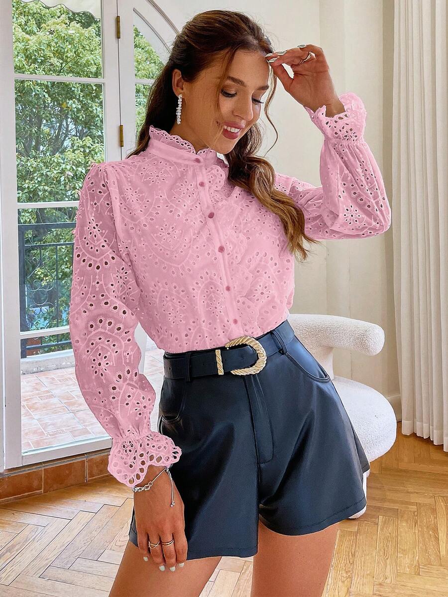 Simplee Blusa con bordado con ojal de manga con volante con botón delantero - Rosa - Ver 1