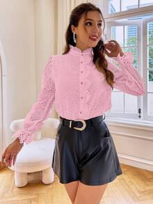 Simplee Blusa con bordado con ojal de manga con volante con botón delantero - Rosa - Ver 3