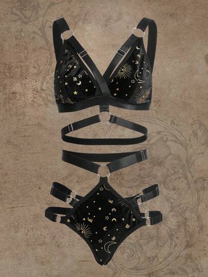 Fairycore Galaxy Print Ring Linked Velvet Lingerie Set
