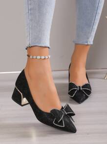 Fall/Winter Women Rhinestone & Bow Decor Point Toe Chunky Heeled Court Pumps, Glamorous Glitter Pumps,Elegant