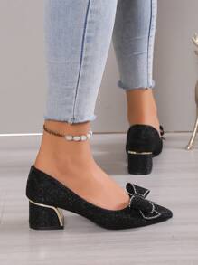 Fall/Winter Women Rhinestone & Bow Decor Point Toe Chunky Heeled Court Pumps, Glamorous Glitter Pumps,Elegant