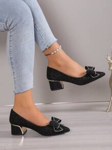 Fall/Winter Women Rhinestone & Bow Decor Point Toe Chunky Heeled Court Pumps, Glamorous Glitter Pumps,Elegant
