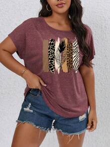 SHEIN LUNE 大碼豹紋和斑馬紋印花蝙蝠袖T恤 - 酒紅色 - 查看 1