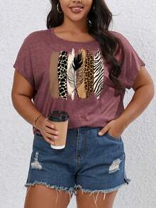 SHEIN LUNE 大碼豹紋和斑馬紋印花蝙蝠袖T恤 - 酒紅色 - 查看 3