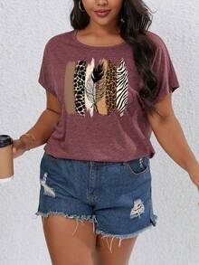 SHEIN LUNE 大碼豹紋和斑馬紋印花蝙蝠袖T恤 - 酒紅色 - 查看 4