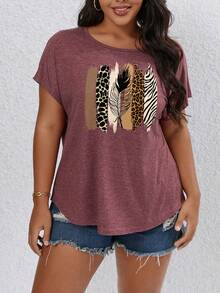 SHEIN LUNE 大碼豹紋和斑馬紋印花蝙蝠袖T恤 - 酒紅色 - 查看 6