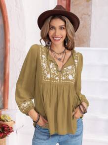 Rusttydustty 女士花卉刺绣长袖衬衫，波西米亚海滩风，音乐节热带度假风 - 軍綠色 - 查看 1