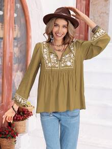 Rusttydustty 女士花卉刺绣长袖衬衫，波西米亚海滩风，音乐节热带度假风 - 軍綠色 - 查看 5