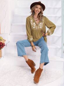 Rusttydustty 女士花卉刺绣长袖衬衫，波西米亚海滩风，音乐节热带度假风 - 軍綠色 - 查看 6