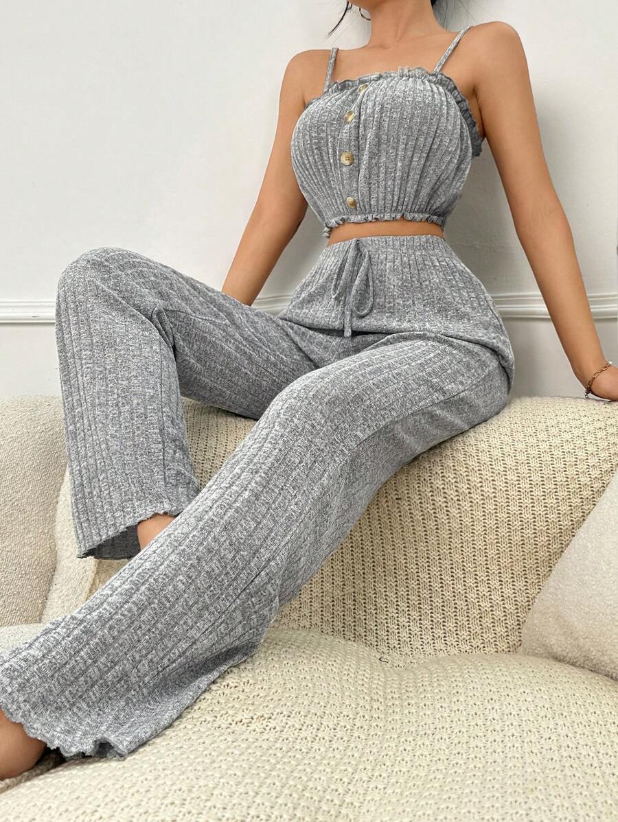 前扣吊带背心和系腰裤休闲套装