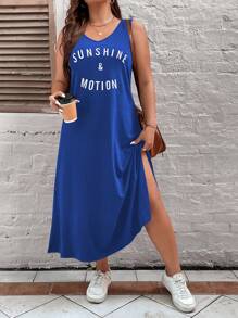 Calvaya 大碼字母圖案高衩背心連衣裙 - 藍色 - 查看 1