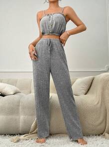 前扣吊带背心和系腰裤休闲套装