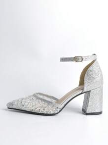 Women Glitter Sequins Decor Point Toe Chunky Heeled Ankle Strap Pumps, Glamorous Mesh Pumps,Mothers Day Gift - Silver - View 3