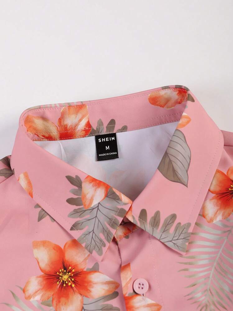 Manfinity RSRT Hombres al azar con estampado tropical Camisa & Shorts - Rosa - Añade 3