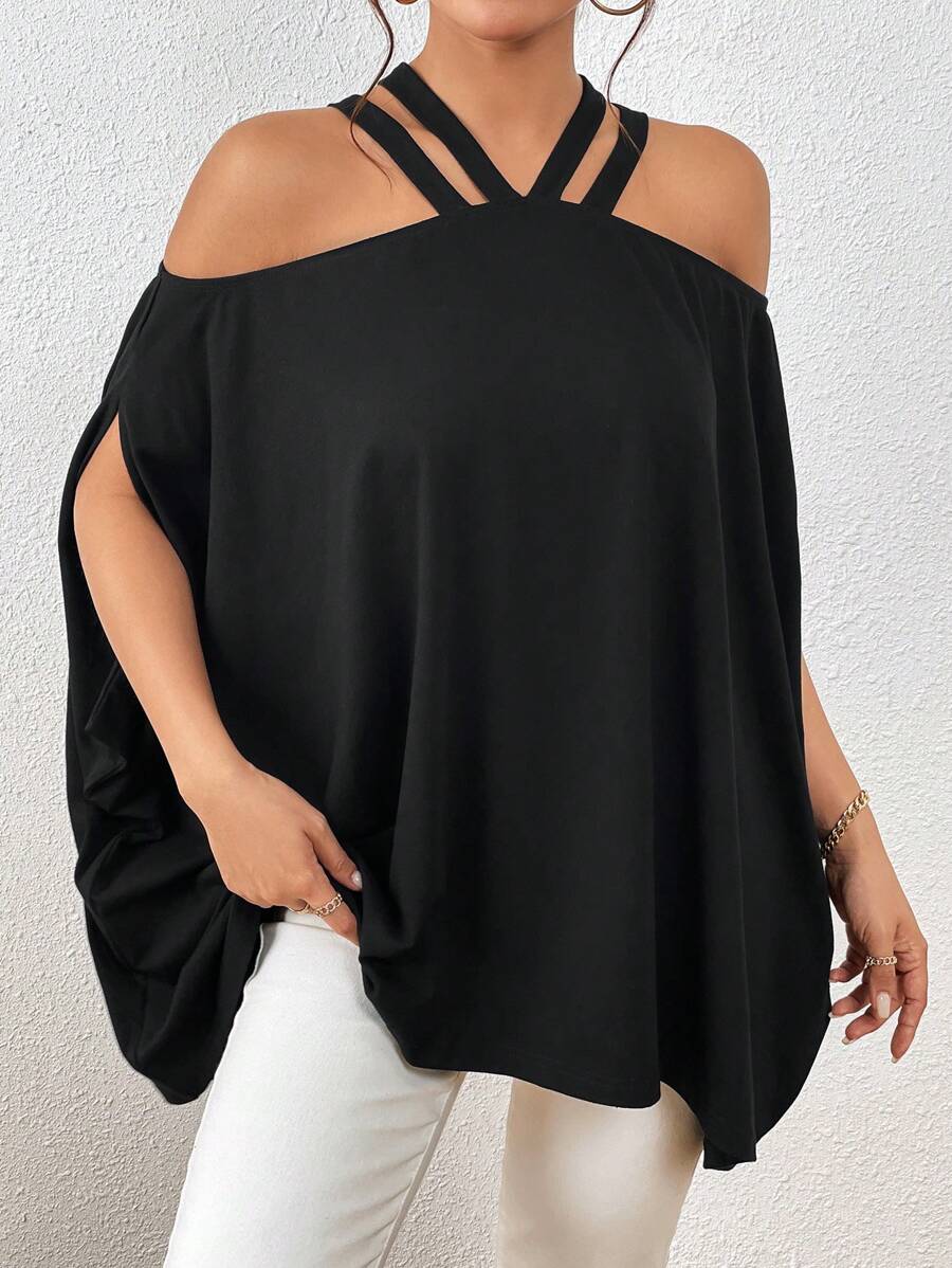 SHEIN Privé 素色吊脖挖肩T恤 - 黑色 - 查看 1