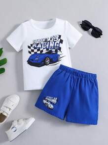 SHEIN Bộ thời trang bé trai Túi Ô tô/xe hơi Lá thư Giải trí - Xanh và trắng - Xem 1