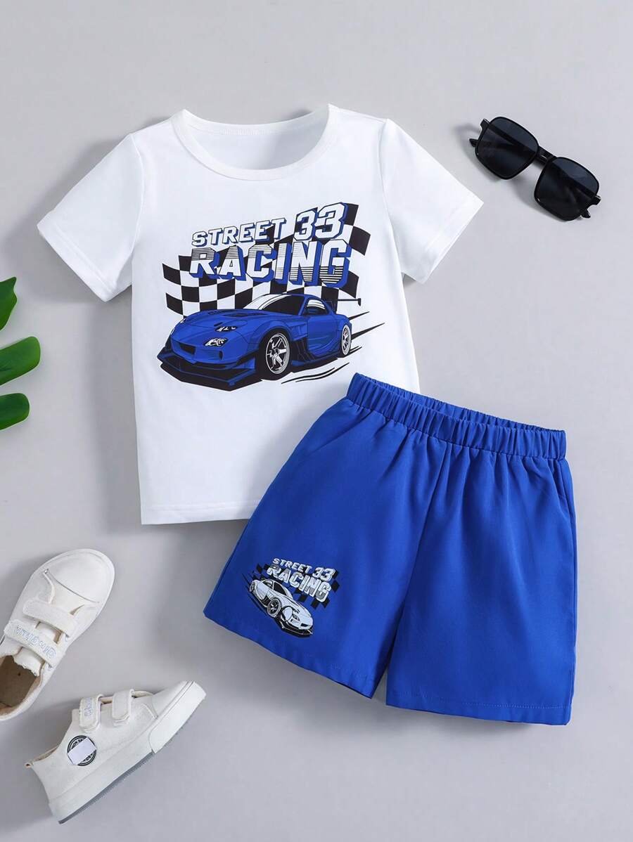 SHEIN Bộ thời trang bé trai Túi Ô tô/xe hơi Lá thư Giải trí - Xanh và trắng - Xem 1