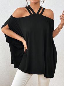 SHEIN Privé 素色吊脖挖肩T恤 - 黑色 - 查看 4