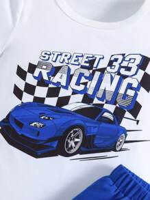 SHEIN Bộ thời trang bé trai Túi Ô tô/xe hơi Lá thư Giải trí - Xanh và trắng - Xem 5