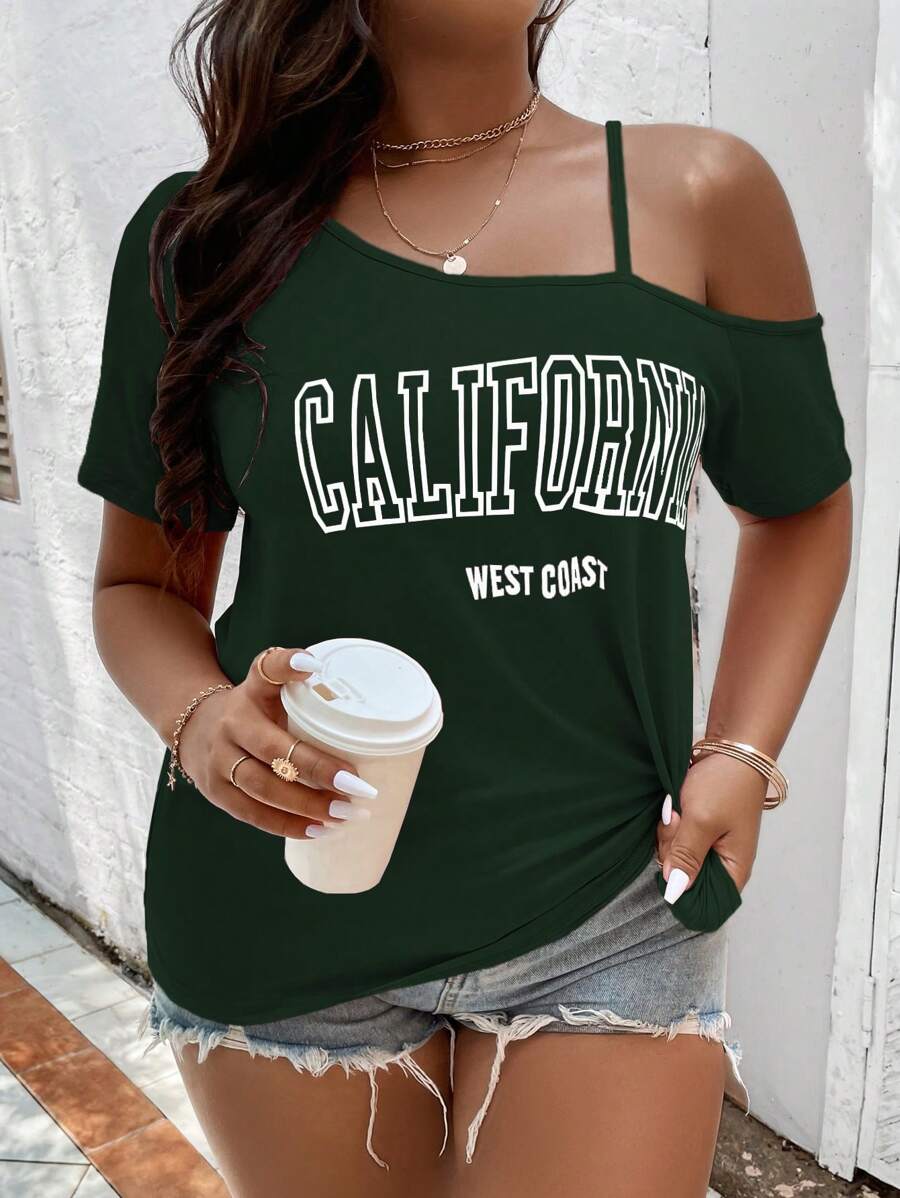 SHEIN LUNE Áo thun Plus size Bất đối xứng Lá thư Giải trí - Màu xanh lá cây đậm - Xem 1