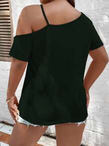 SHEIN LUNE Áo thun Plus size Bất đối xứng Lá thư Giải trí - Màu xanh lá cây đậm - Xem 2