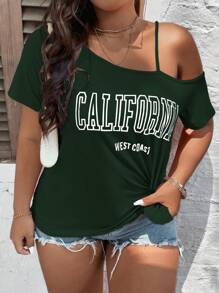 SHEIN LUNE Áo thun Plus size Bất đối xứng Lá thư Giải trí - Màu xanh lá cây đậm - Xem 6