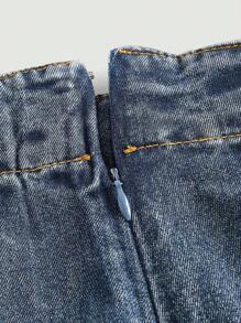 素色百褶牛仔半身裙 - 深色水洗藍 - 查看 3