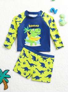 寶寶男童可愛恐龍印花拼色長袖泳衣 - 彩色 - 查看 1