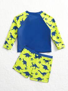 寶寶男童可愛恐龍印花拼色長袖泳衣 - 彩色 - 查看 2