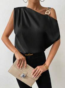 Chiquease Asymmetrical Neck O-ring Detail Ruched Shoulder Blouse - Black - View 1
