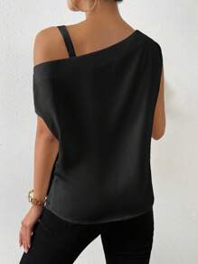 Chiquease Asymmetrical Neck O-ring Detail Ruched Shoulder Blouse - Black - View 2