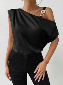 Chiquease Asymmetrical Neck O-ring Detail Ruched Shoulder Blouse - Black - View 4