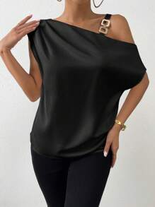 Chiquease Asymmetrical Neck O-ring Detail Ruched Shoulder Blouse - Black - View 5