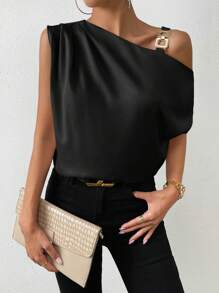 Chiquease Asymmetrical Neck O-ring Detail Ruched Shoulder Blouse - Black - View 6