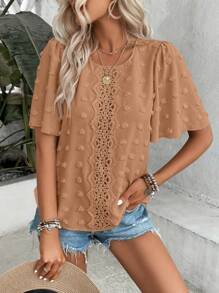 SHEIN LUNE 圓點拼接水溶蕾絲襯衫 - 棕色 - 查看 3