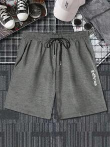 Manfinity Hypemode Pantalones Cortos Para Hombre Con Cintura Ajustable Con Cordón Y Gráficos De Letras - Gris Oscuro - Ver 1
