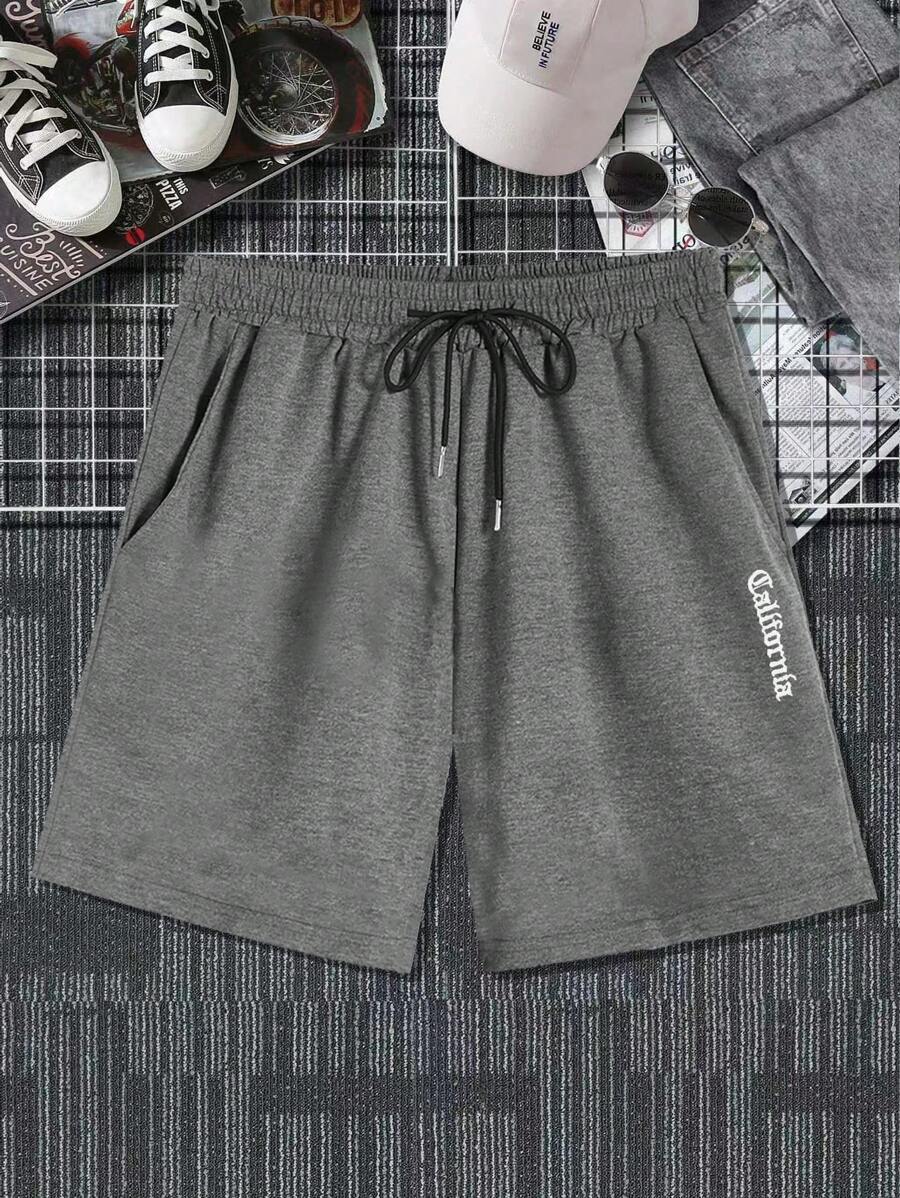 Manfinity Hypemode Pantalones Cortos Para Hombre Con Cintura Ajustable Con Cordón Y Gráficos De Letras - Gris Oscuro - Ver 1